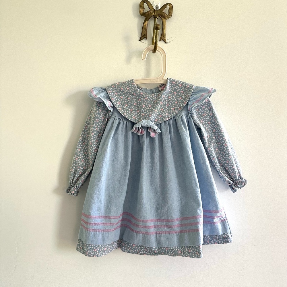 Vintage Blue and Pink Babydoll Dress with Bishop Sleeves